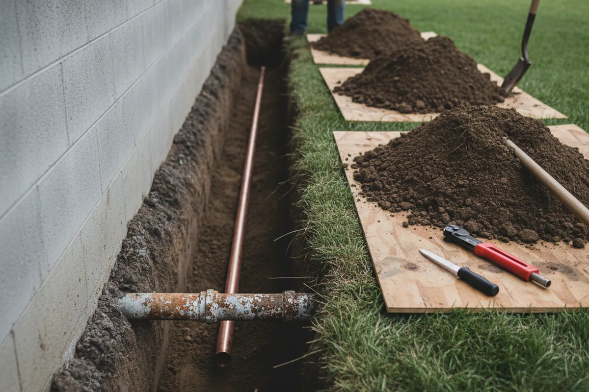 Excavated water line trench during Sewer Line Repair in Captain Cook